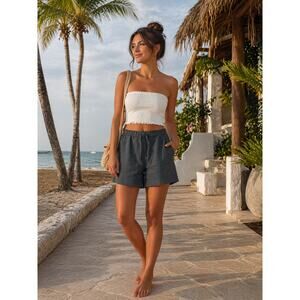 ZARA 100% Linen Shorts Women Size L Black Elastic Waist Drawstring Casual Summer